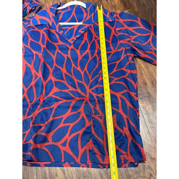 VTG 70s Red & Blue Abstract MCM Print Long Sleeve Blouse Pocket & Lapel Collar - Picture 3 of 10